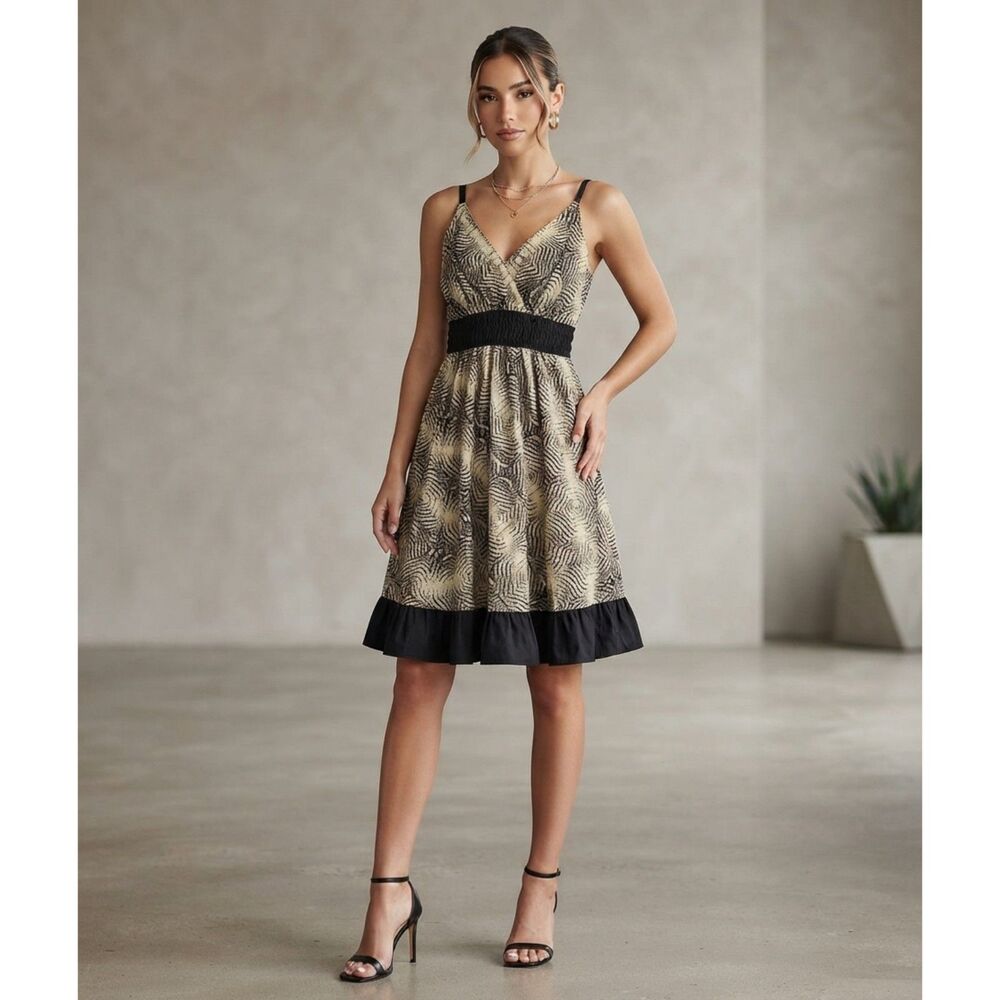 JGee Fit & Flare Dress Women Sz M Brown Beige Sleeveless V-Neck Casual Bohemian